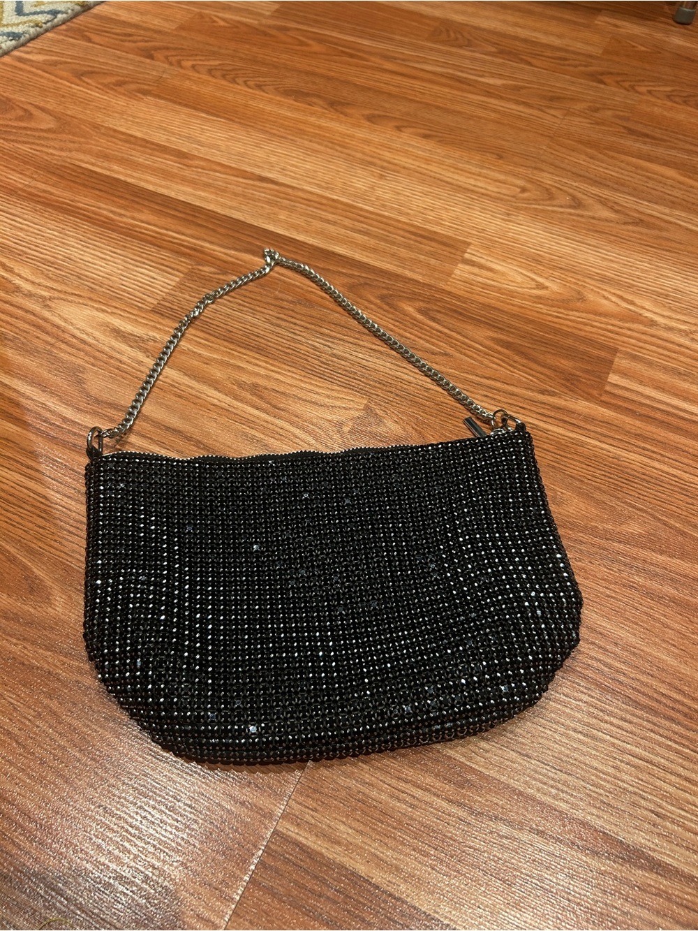Black Mesh Evening Bag Silver Chain Handle Rhinestone